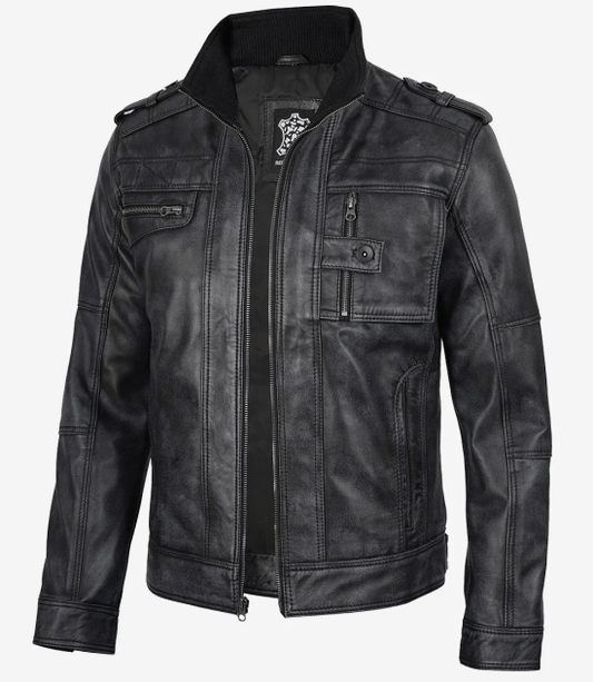 Men's Distressed Black Leather Biker Fashion Jacket