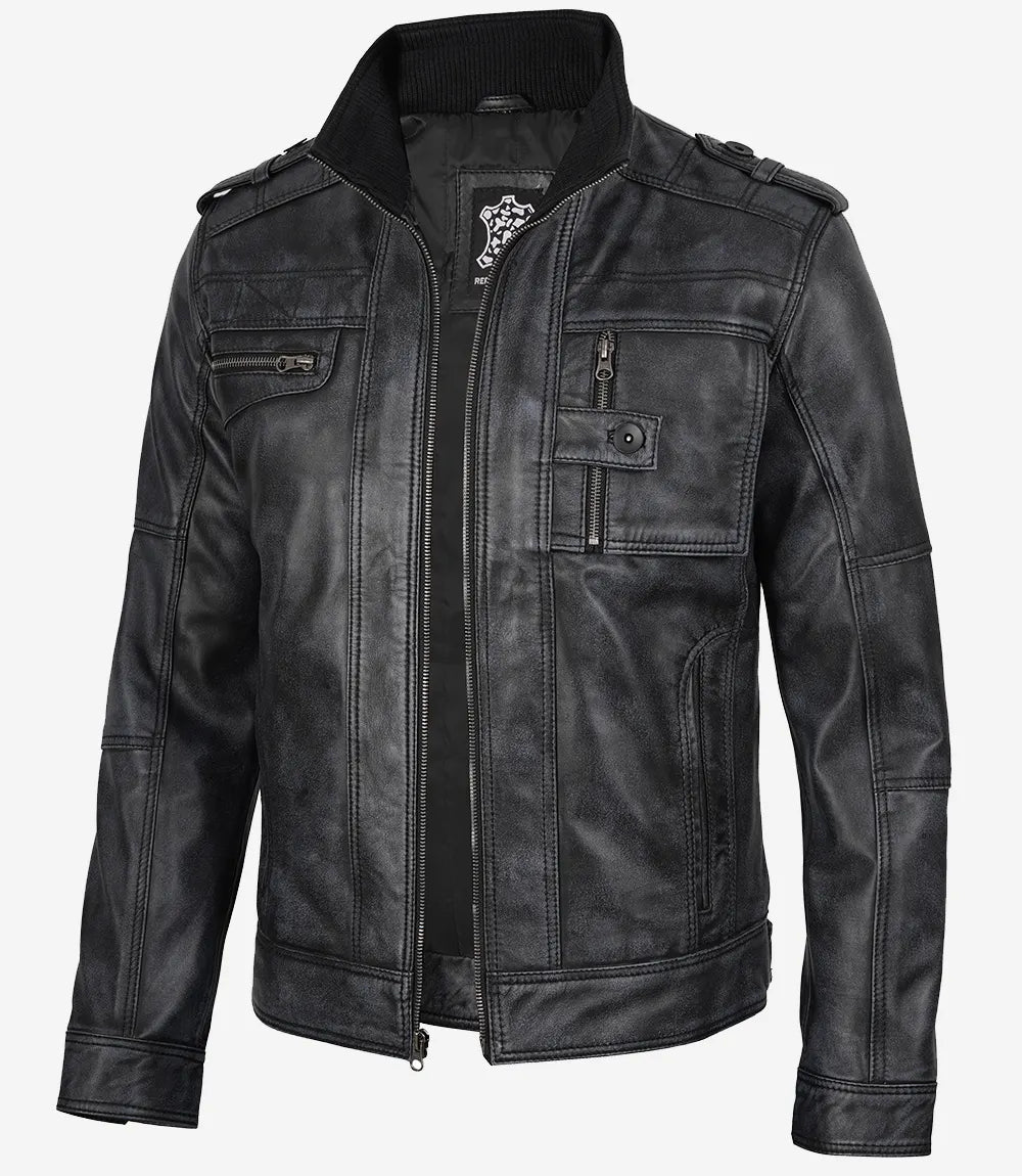 Men's Distressed Black Leather Biker Fashion Jacket