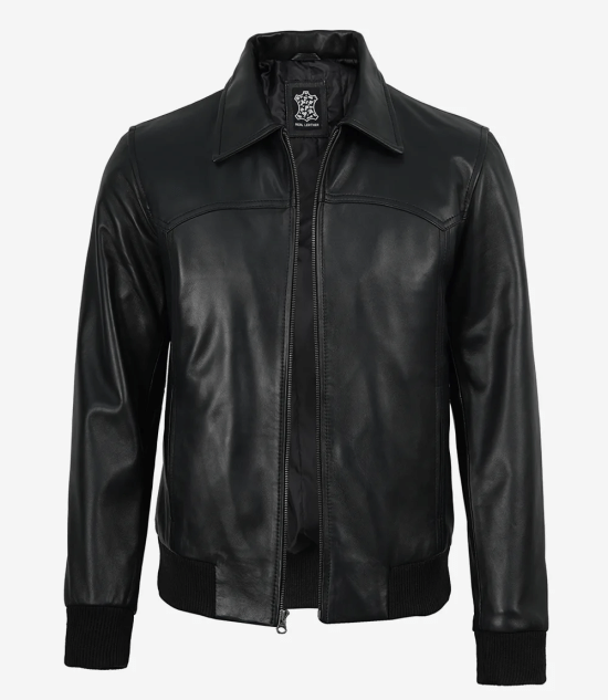 Men's Black Lambskin Leather Bomber Jacket - Shirt Collar