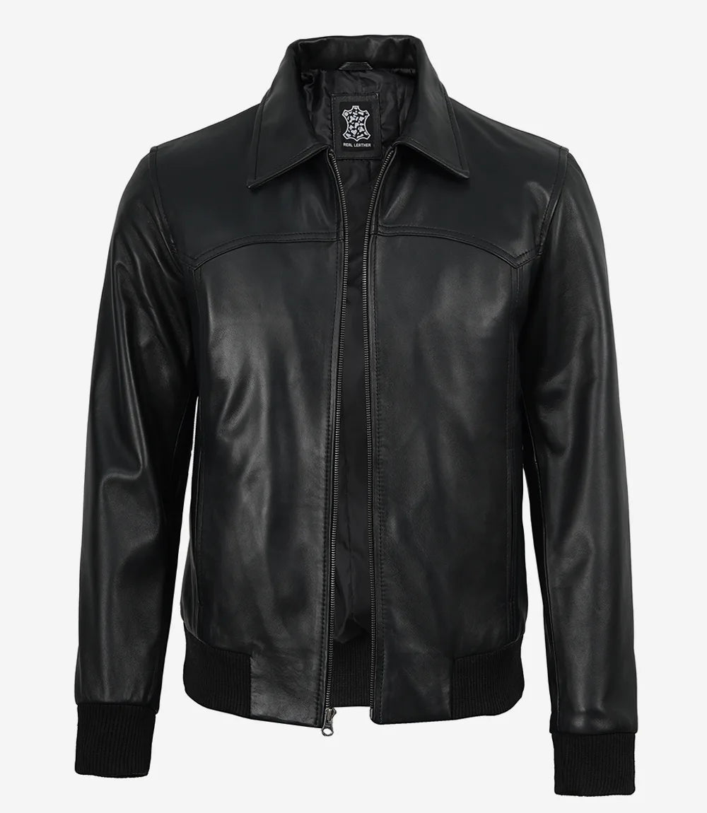 Men's Black Lambskin Leather Bomber Jacket - Shirt Collar