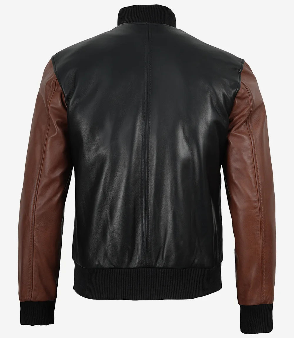 Men's Black & Cognac Leather Letterman Varsity Jacket