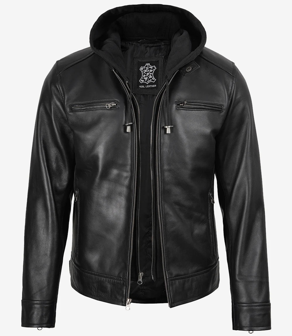 Men's Black Real Leather Jacket — Removable Hoodie