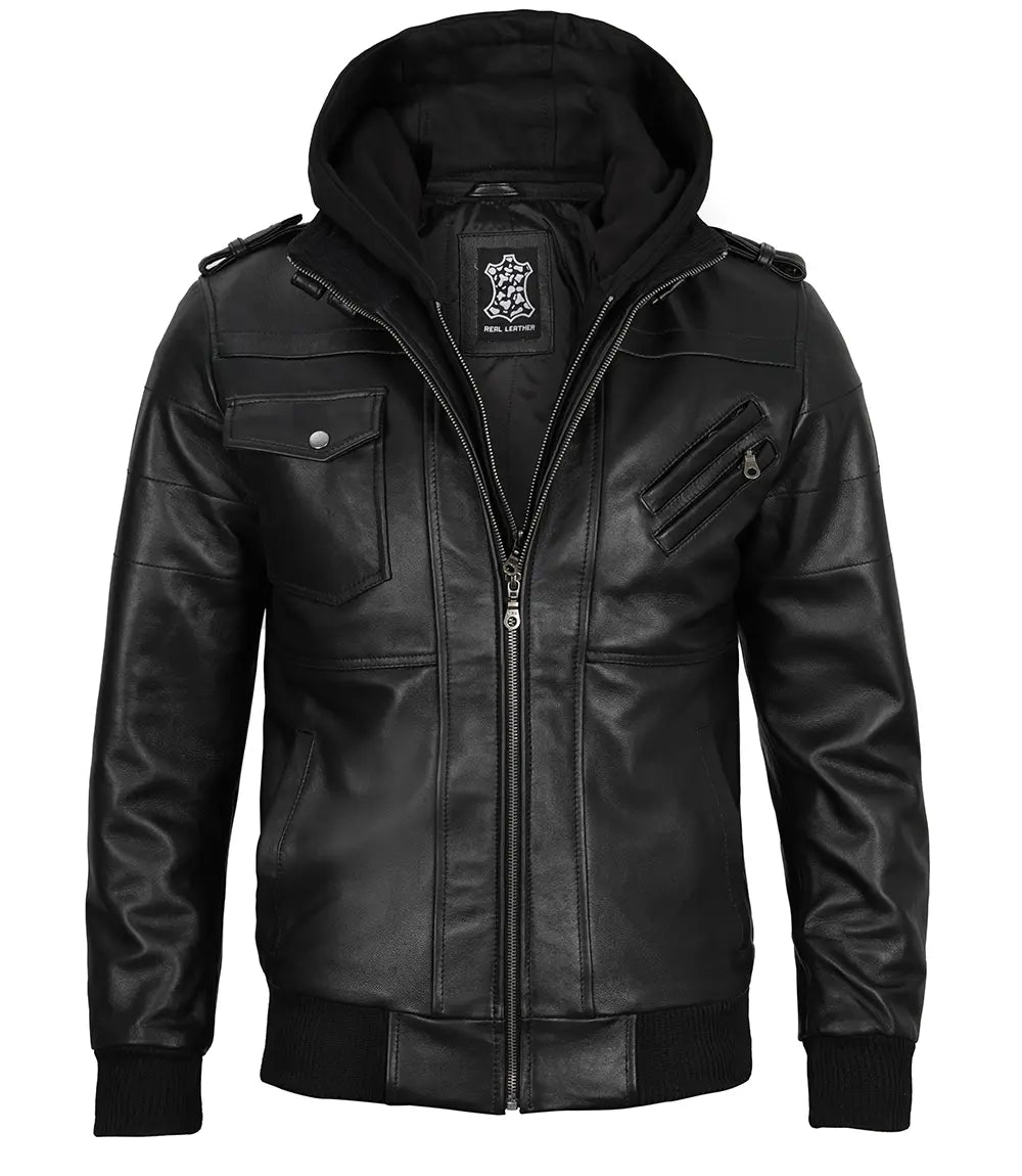 Men's Black Leather Jacket with Removable Hoodie