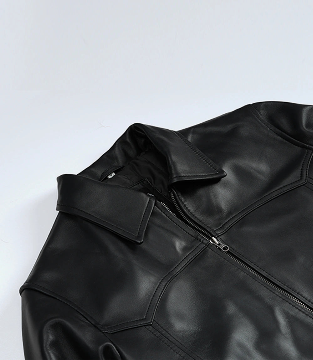 Men's Black Lambskin Leather Bomber Jacket - Shirt Collar