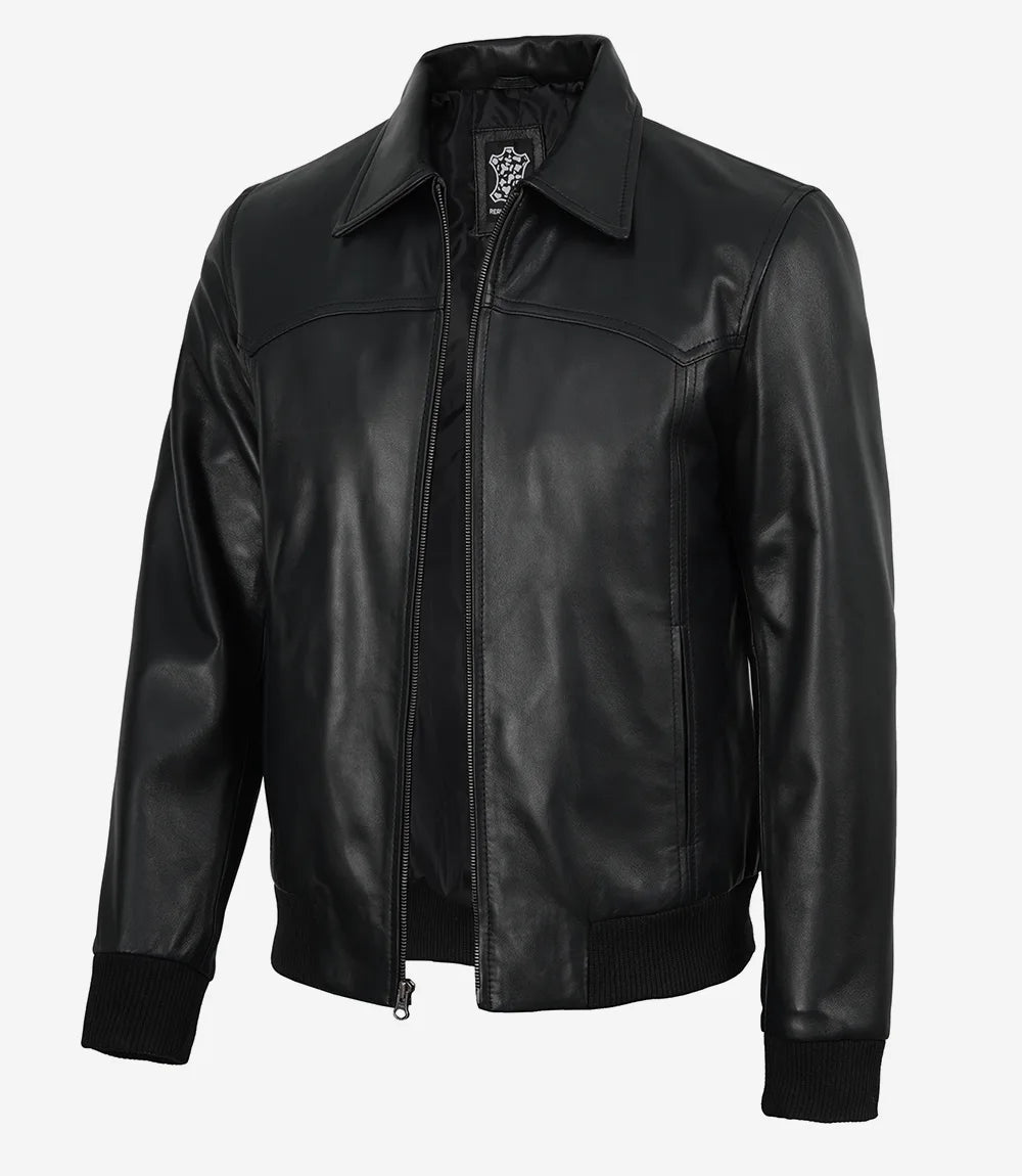 Men's Black Lambskin Leather Bomber Jacket - Shirt Collar