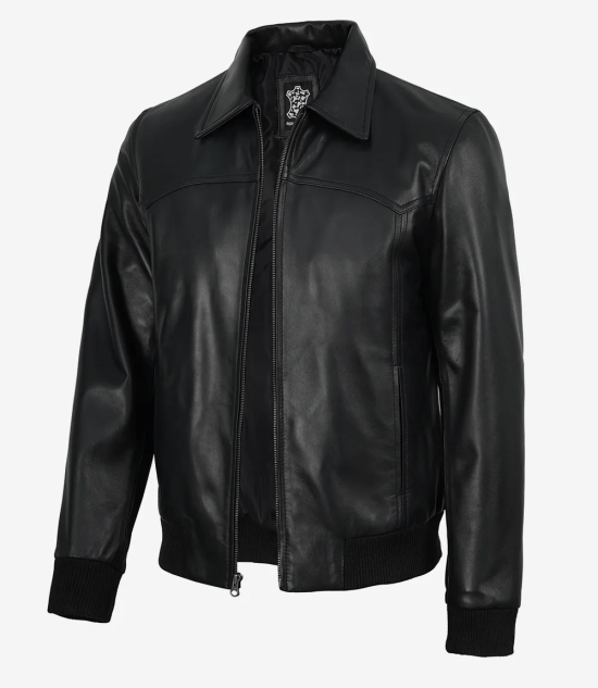 Men's Black Lambskin Leather Bomber Jacket - Shirt Collar