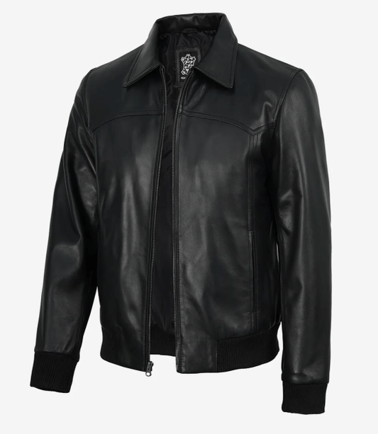 Men's Black Lambskin Leather Bomber Jacket - Shirt Collar