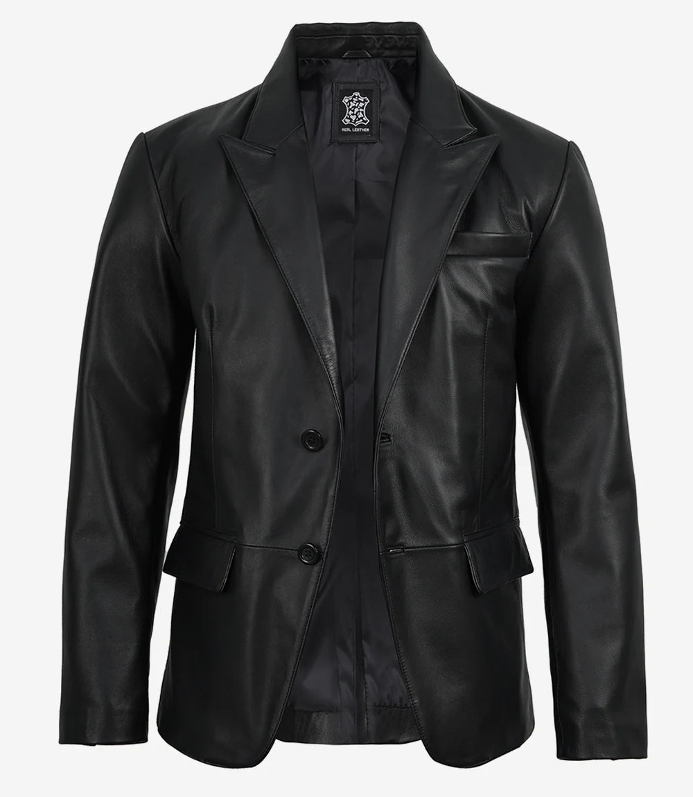 Men's Black Real Lambskin Leather Blazer – Peak Lapel Tailored Fit