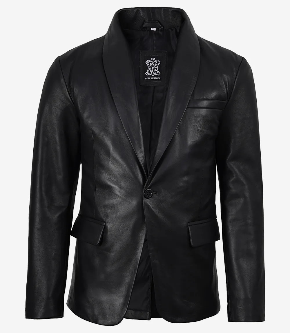 Men's Black Lambskin Leather Blazer Shawl Lapel - Single Button