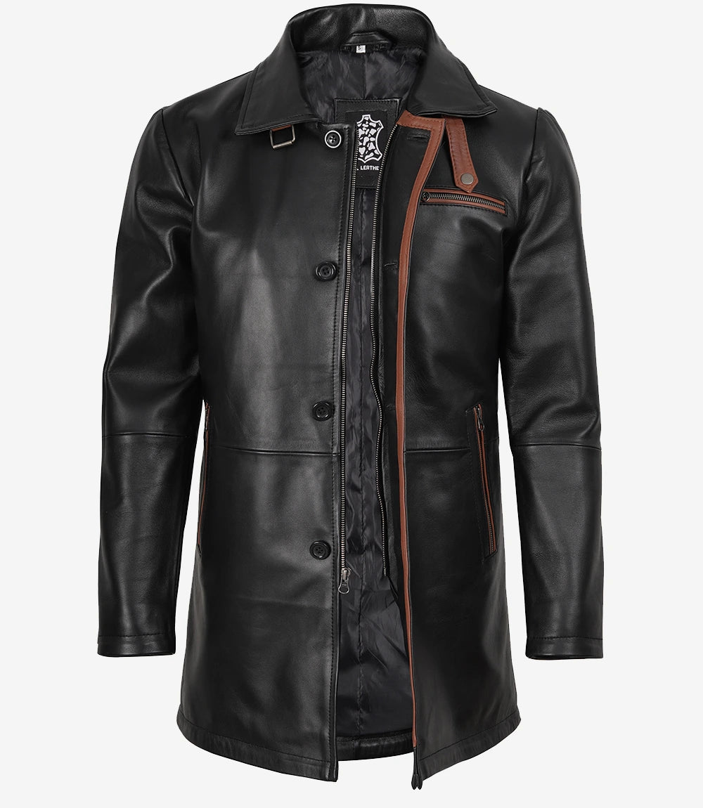 Men Black Real Leather 3/4 Length Car Coat