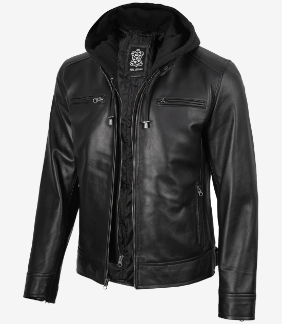 Men's Black Real Leather Jacket — Removable Hoodie