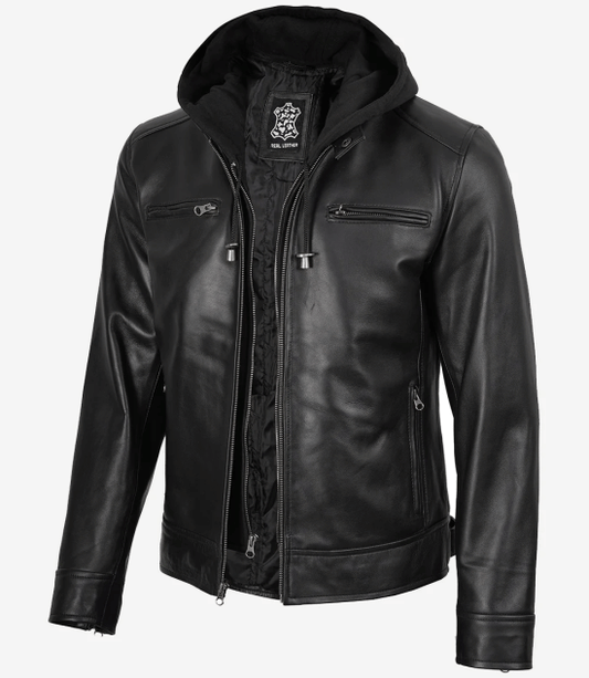Men's Black Real Leather Jacket — Removable Hoodie