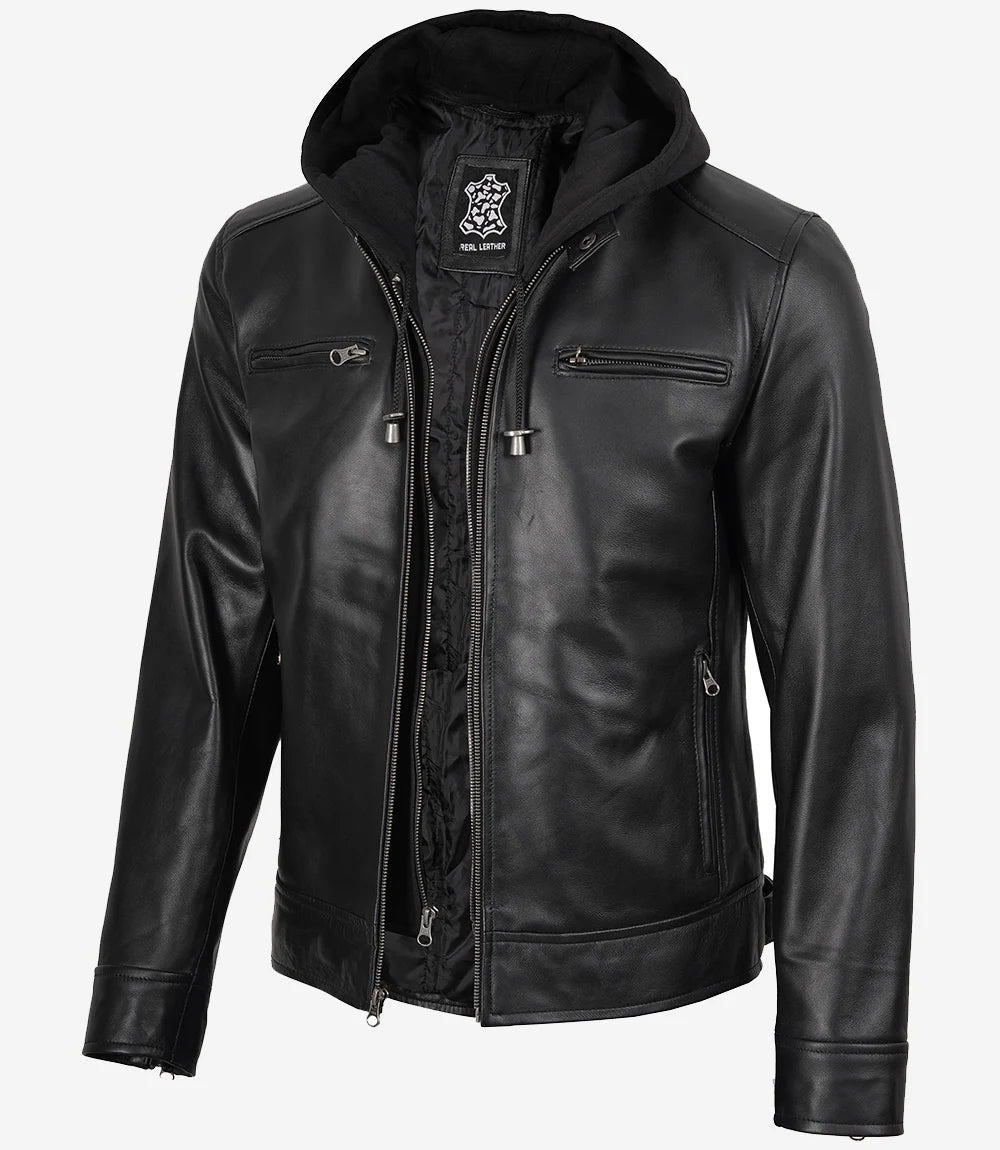 Men's Black Real Leather Jacket — Removable Hoodie