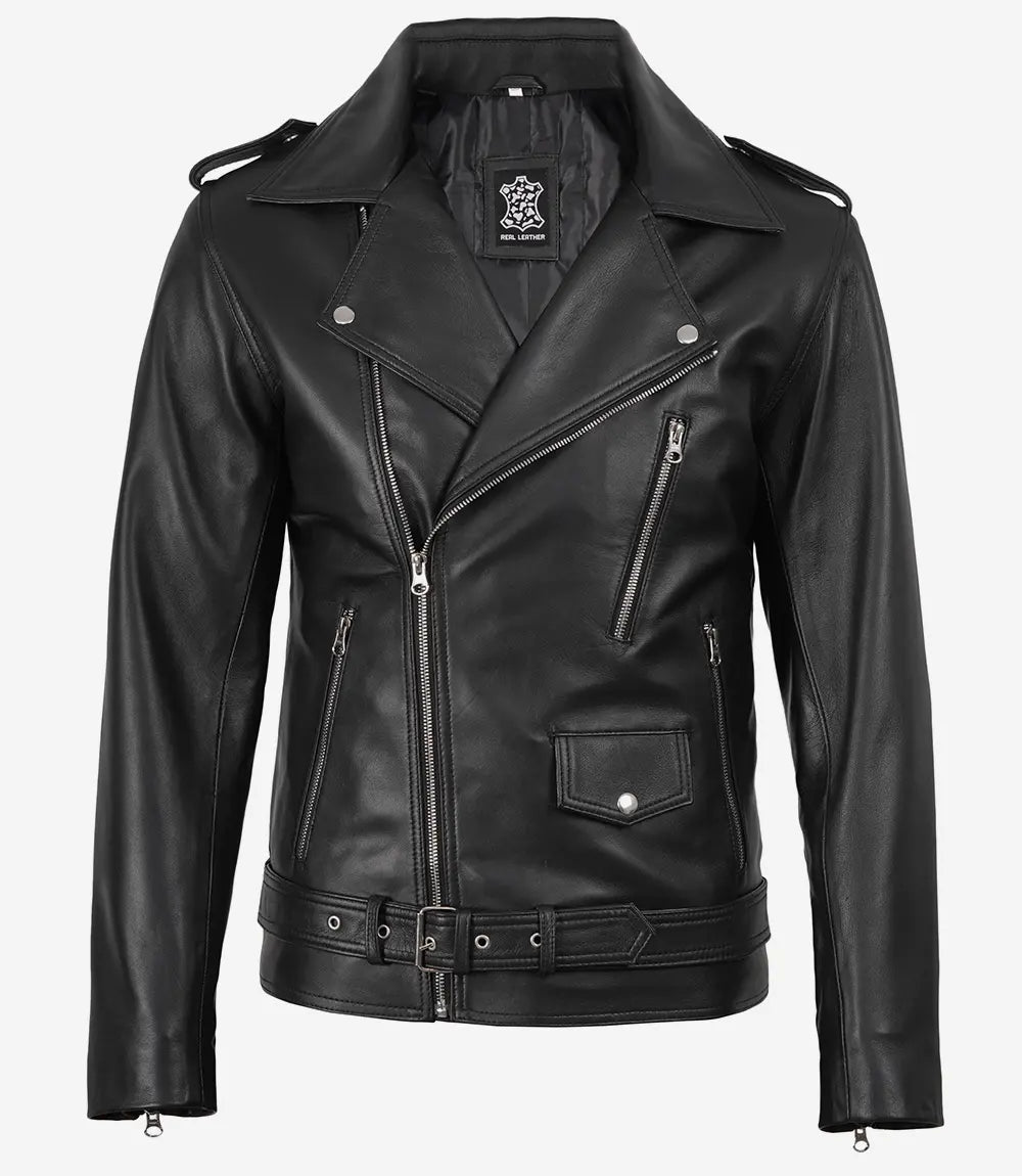 Men's Black Belted Biker Leather Jacket