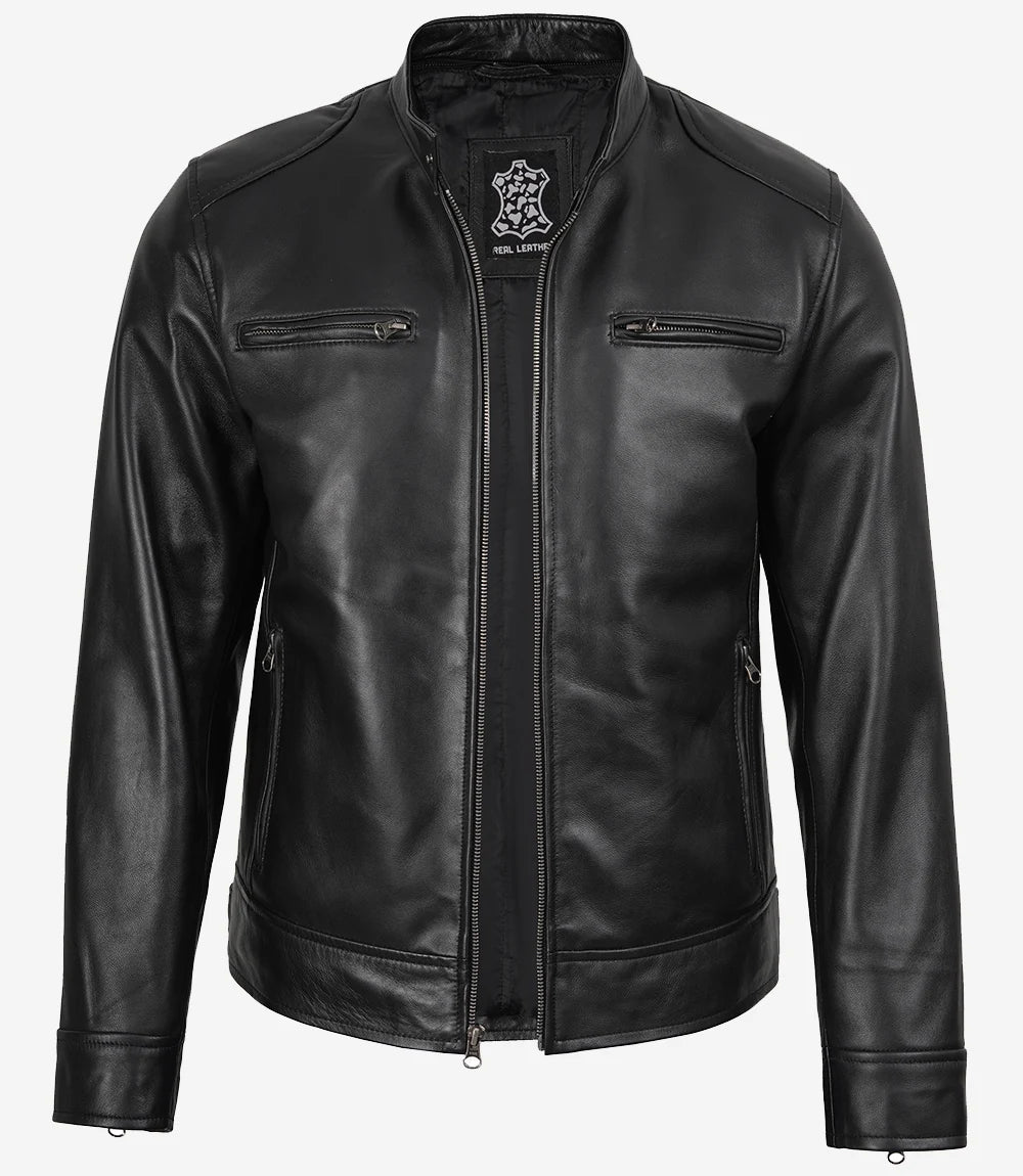Men's Black Real Leather Jacket — Removable Hoodie