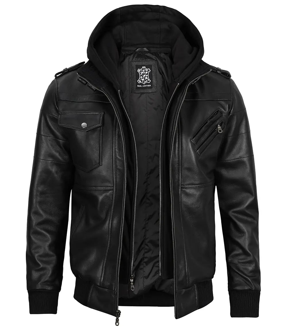 Men's Black Leather Jacket with Removable Hoodie
