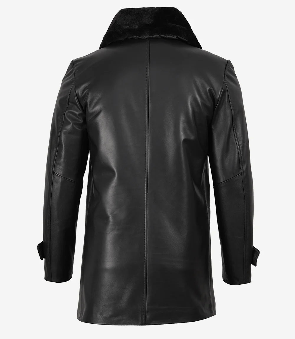 Men's Black Cowhide Leather Coat With Shearling Collar - Winter Style