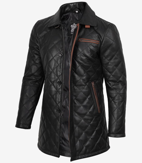 Men's Black Diamond Quilted Leather Car Coat