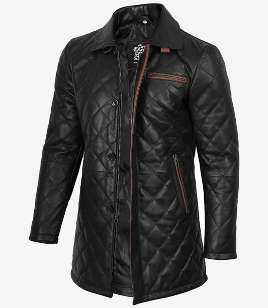 Men's Black Diamond Quilted Leather Car Coat