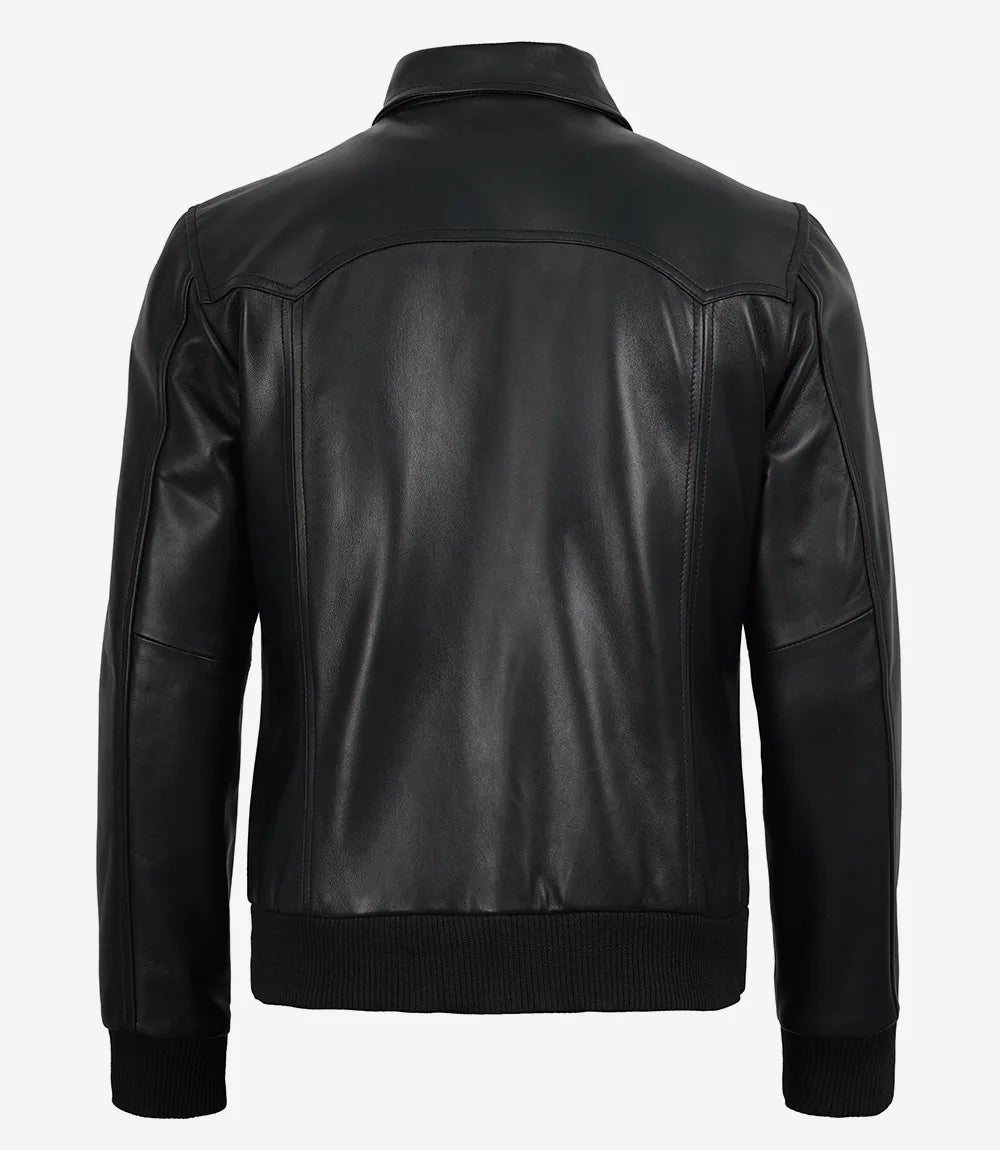 Men's Black Lambskin Leather Bomber Jacket - Shirt Collar