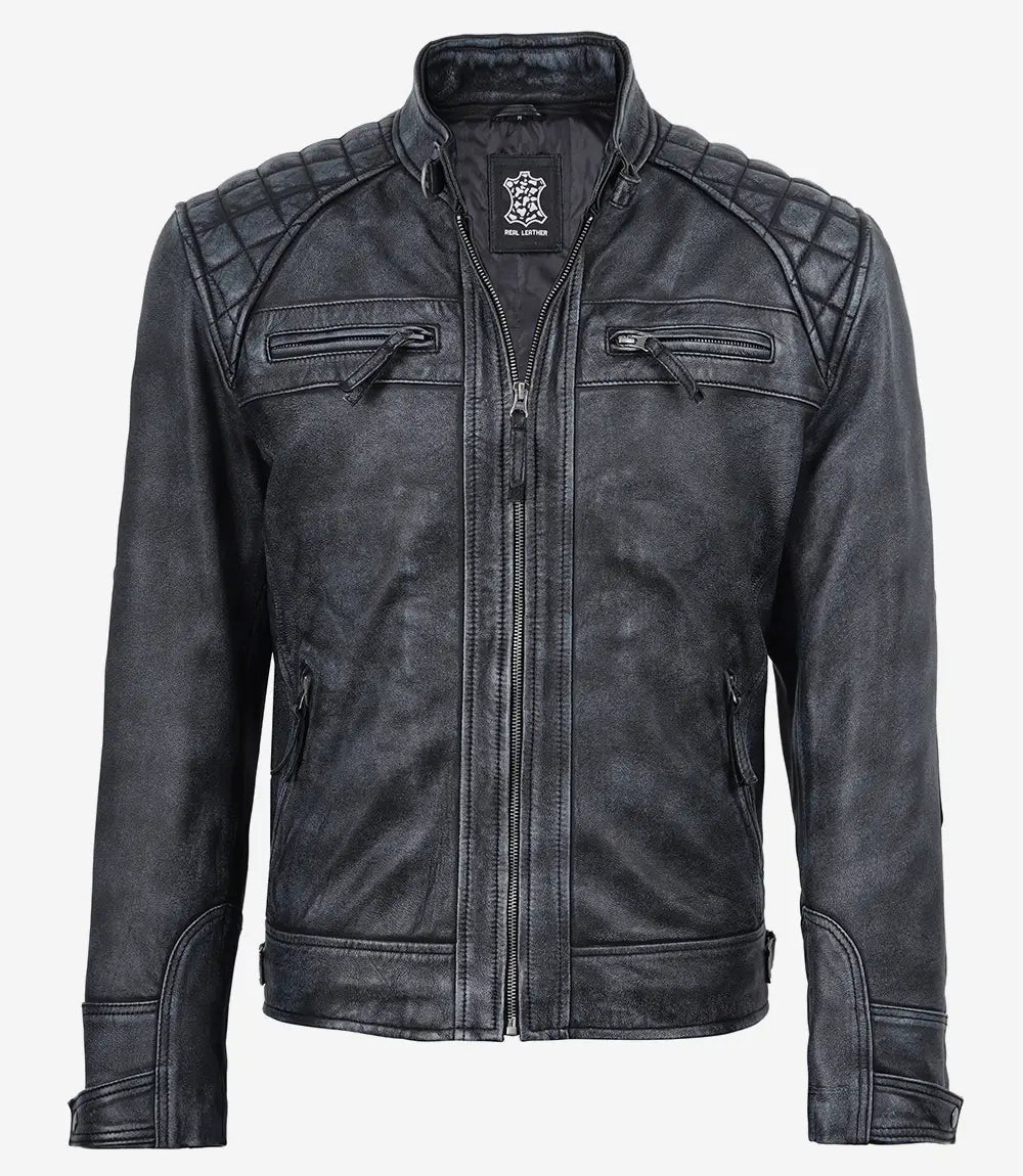 Arya Men's Black Distressed Washed Leather Biker Jacket