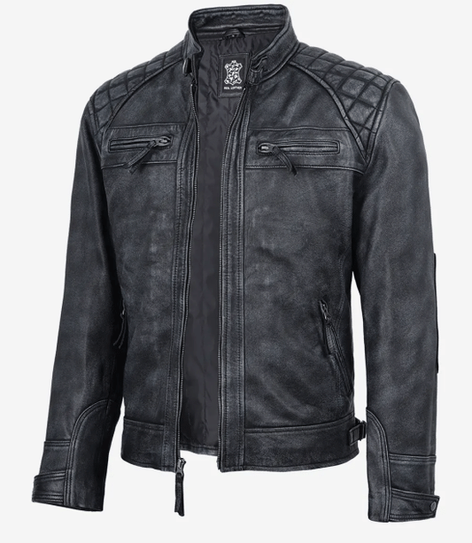 Arya Men's Black Distressed Washed Leather Biker Jacket