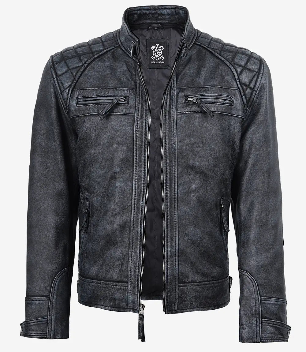 Arya Men's Black Distressed Washed Leather Biker Jacket