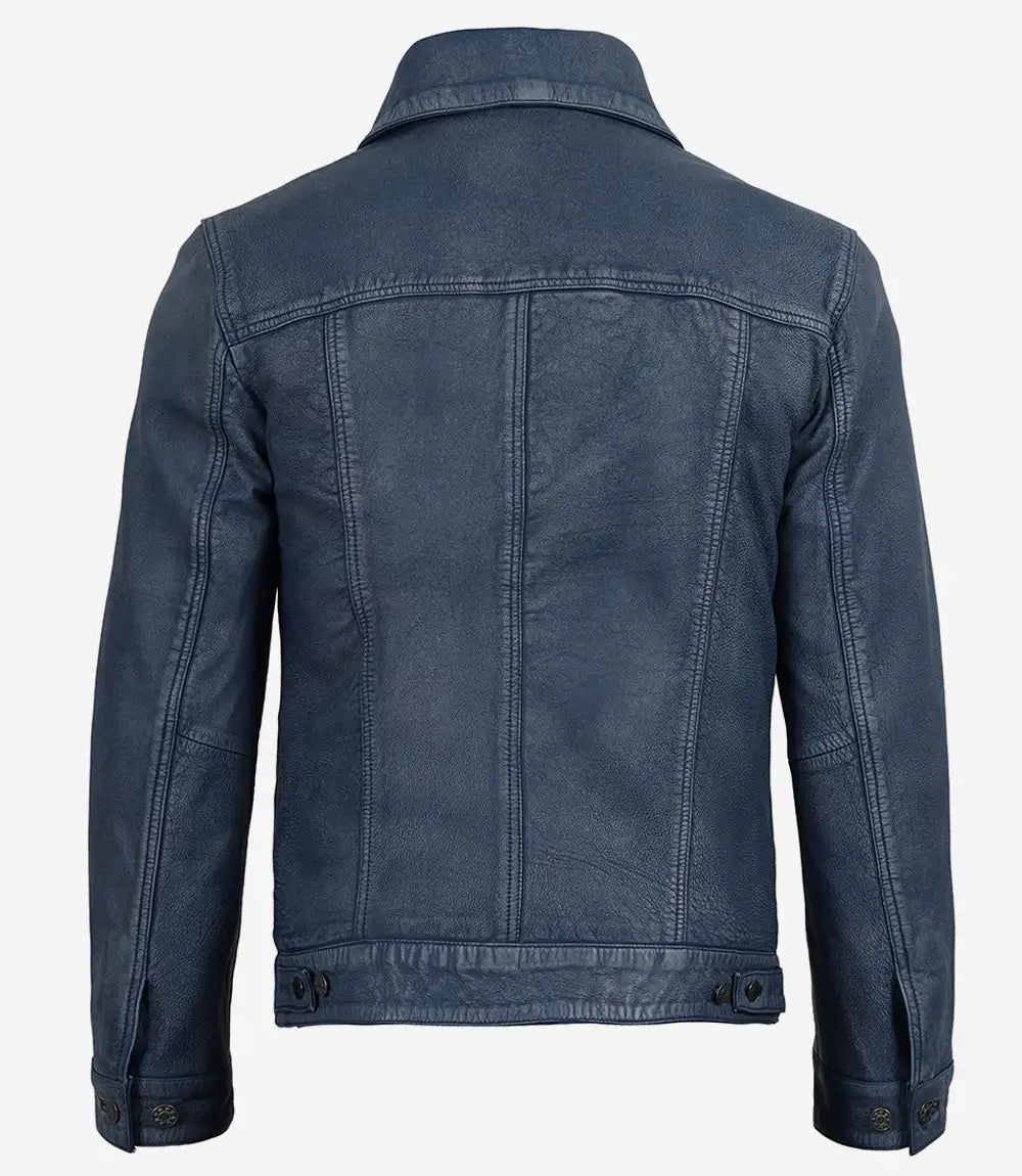 Mens Denim Style Trucker Blue Washed Leather Jacket