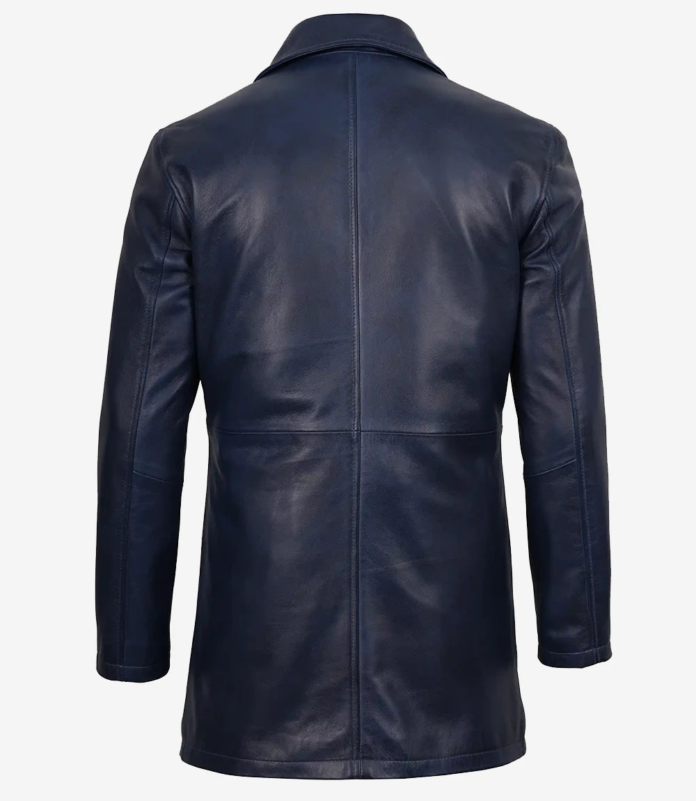 Men's Blue Waxed Leather 3/4 Car Coat