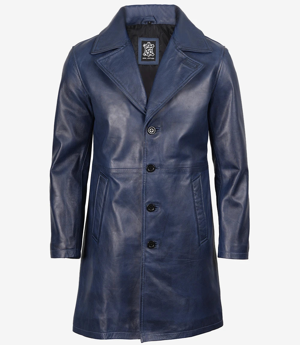 Men's Blue Wax Real Leather 3/4 Length Car Coat