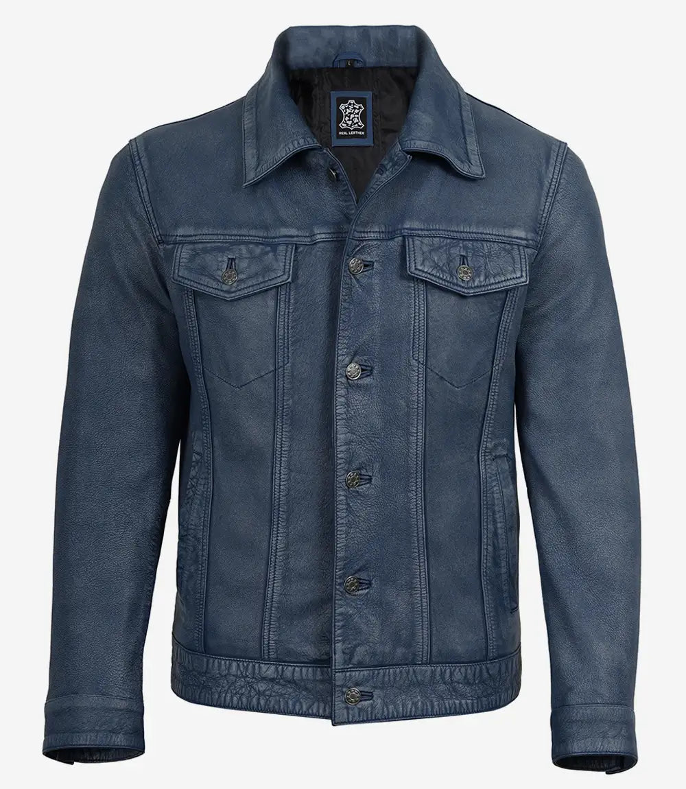 Mens Denim Style Trucker Blue Washed Leather Jacket