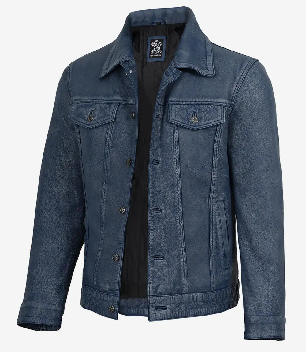 Mens Denim Style Trucker Blue Washed Leather Jacket