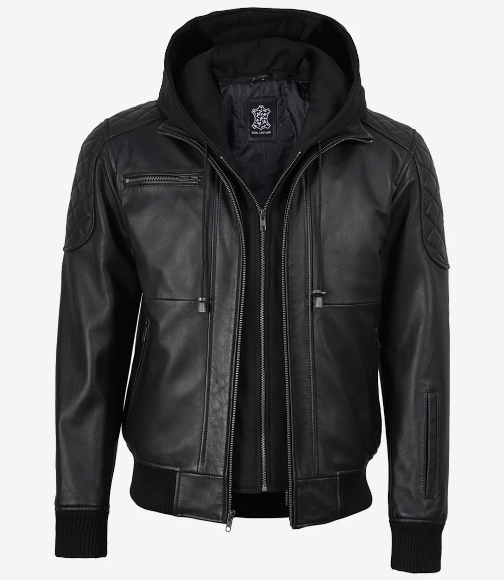 Men's Black Hooded Leather Bomber Jacket with Quilted Shoulders