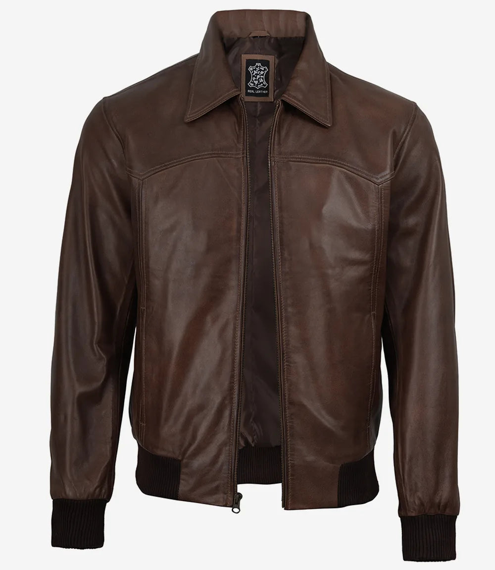 Men's Dark Brown Bomber Real Leather Jacket - Harrington Style