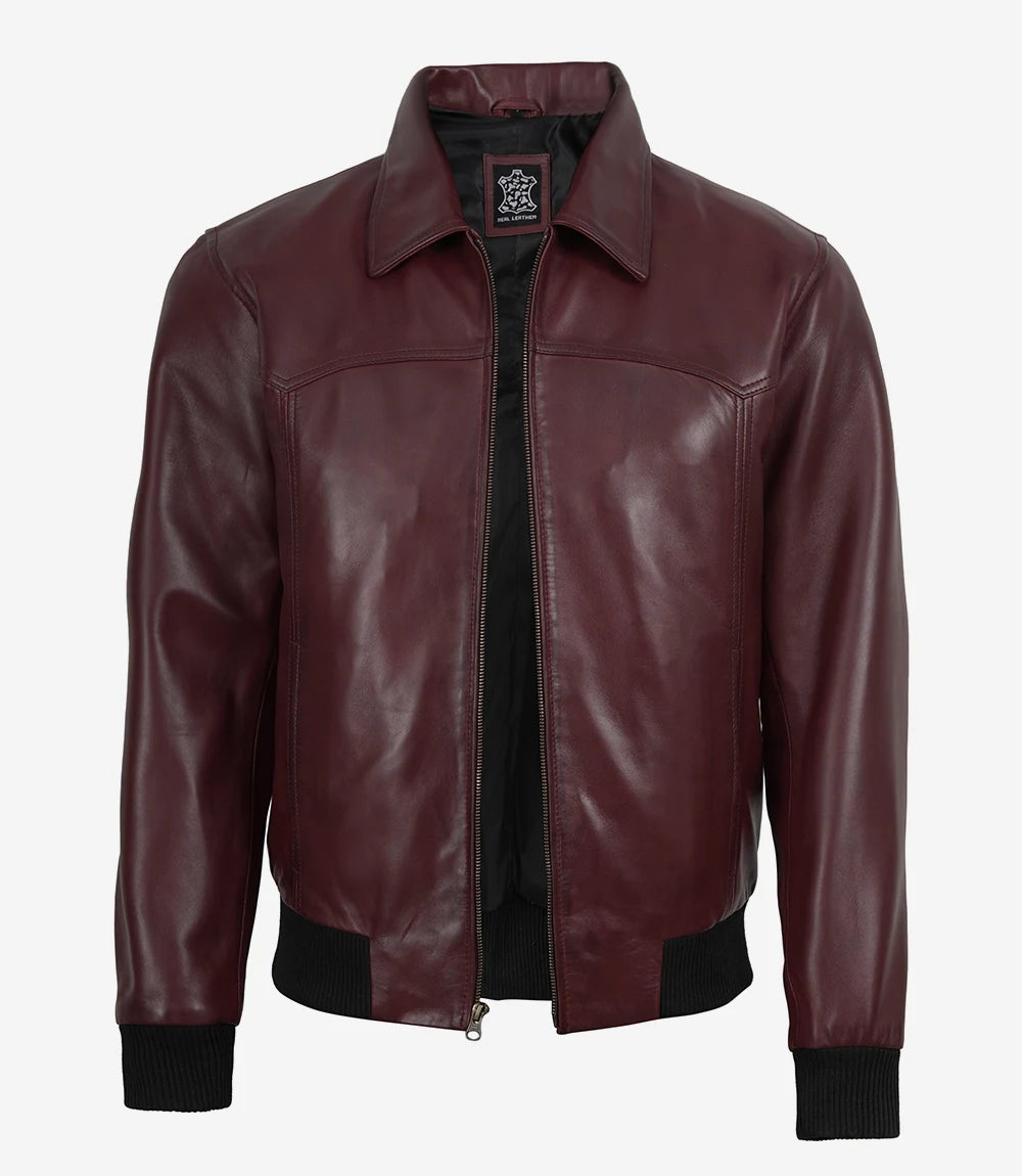 Men's Burgundy Wax Leather Bomber Jacket Harrington Style