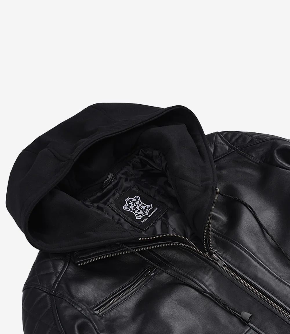 Men's Black Hooded Leather Bomber Jacket with Quilted Shoulders