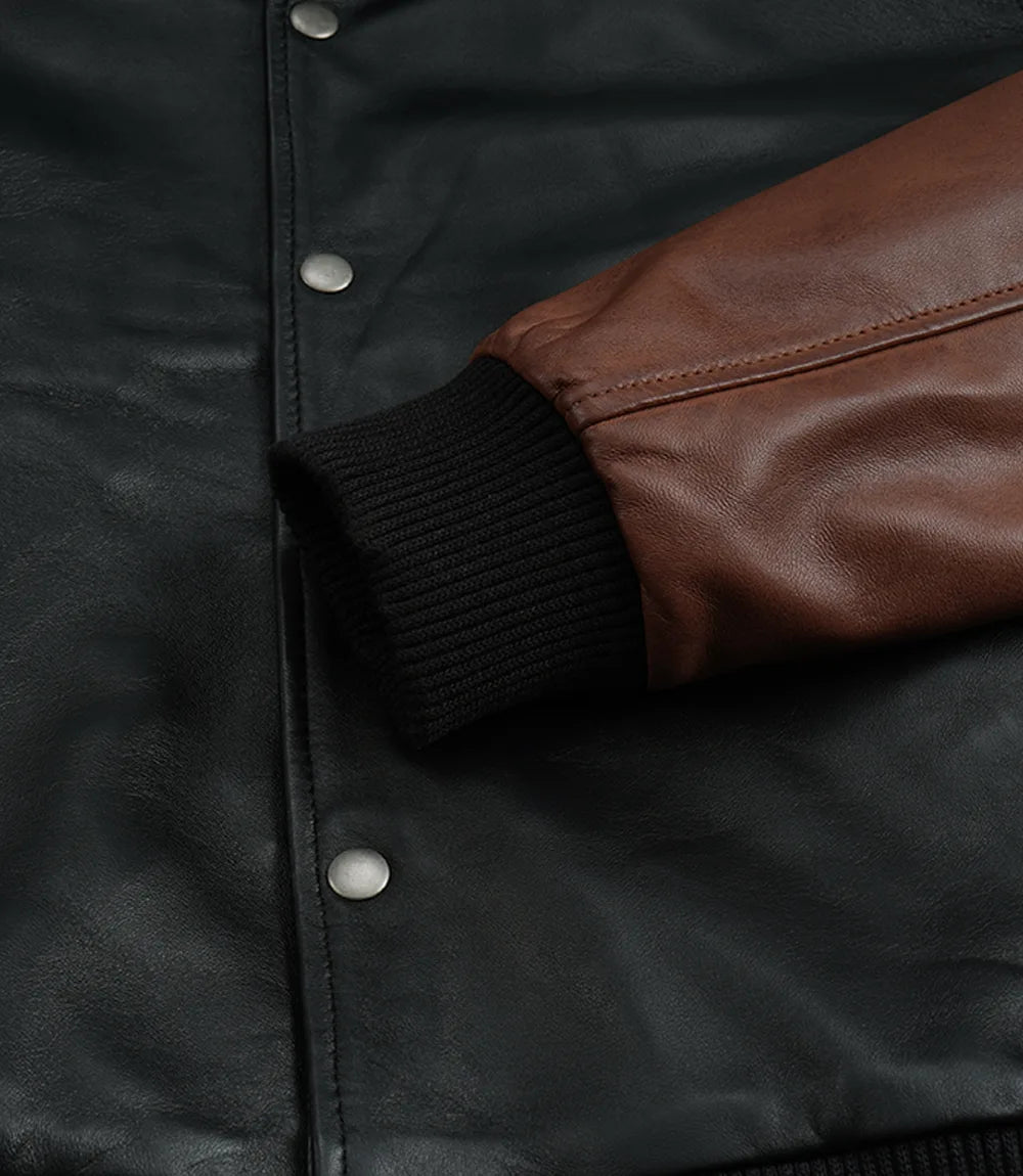 Men's Black & Cognac Leather Letterman Varsity Jacket