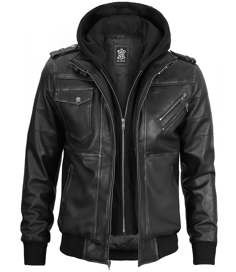 Men's Dark Gray Leather Bomber Jacket with Removable Hood