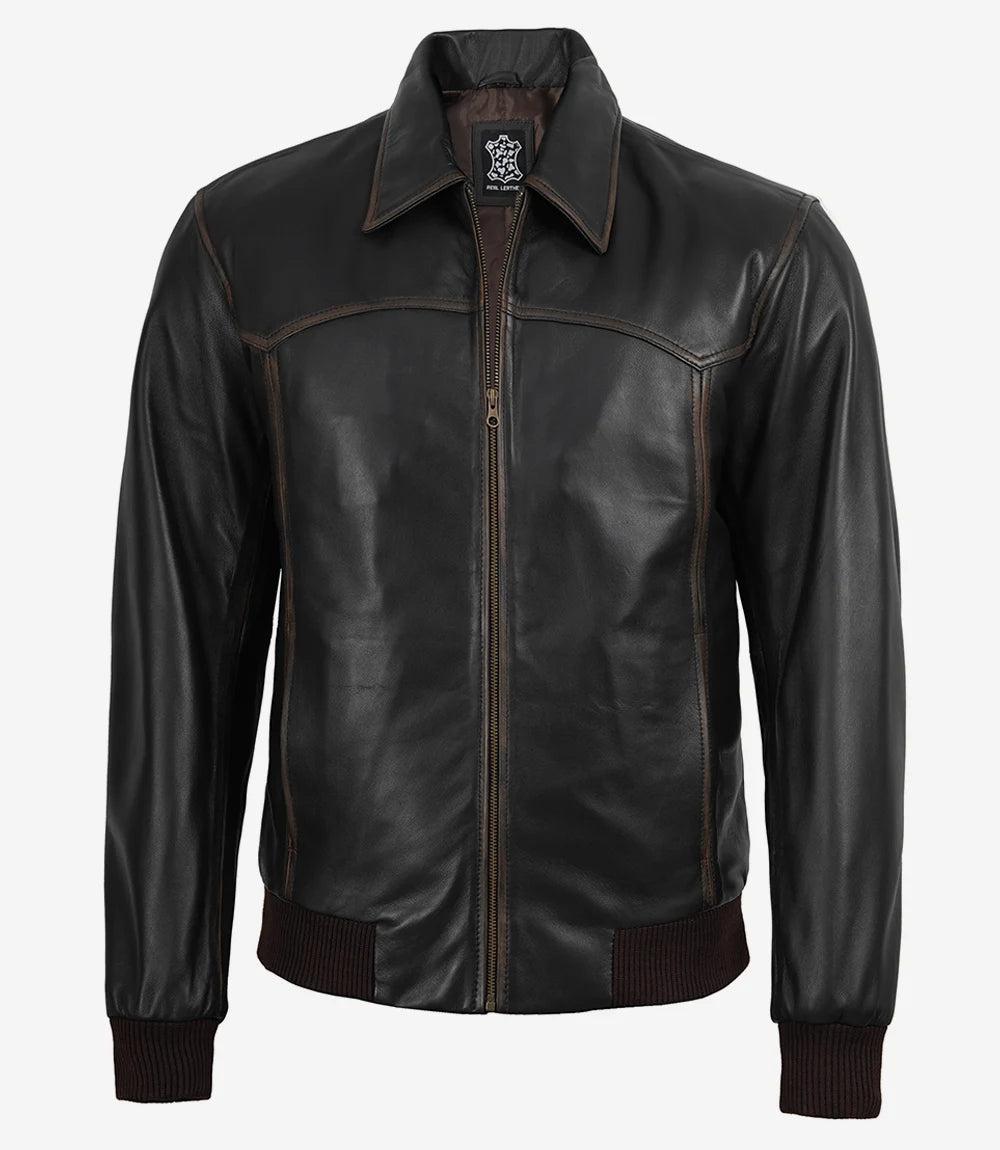 Men's Dark Brown Bomber Lambskin Leather Jacket