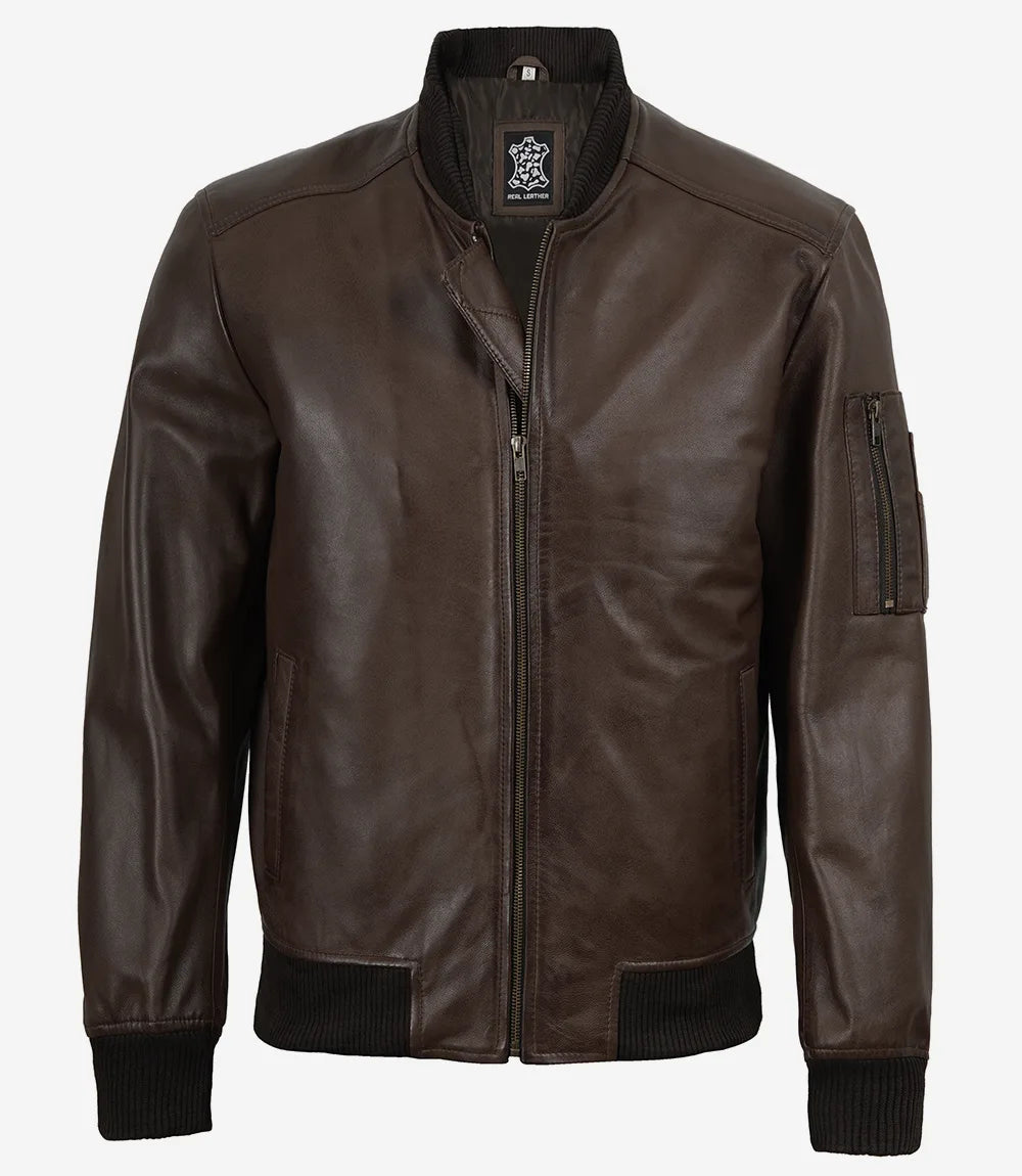 Men's Dark Brown Lambskin Leather Flight Jacket - Bomber Style