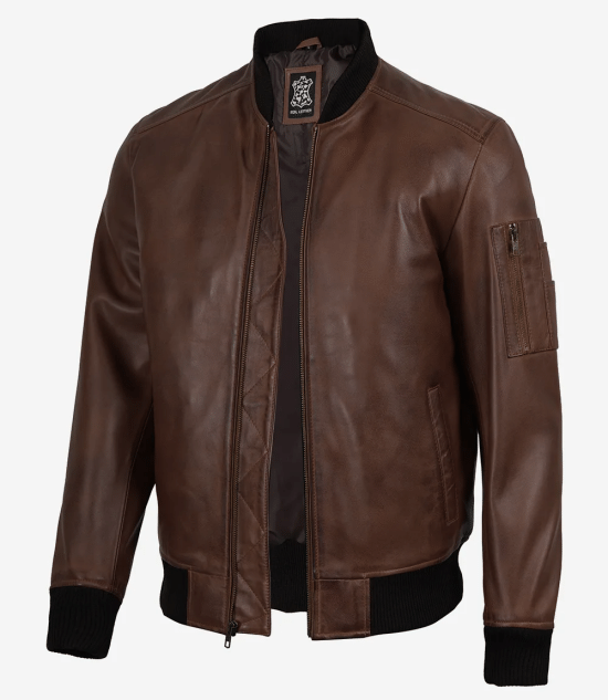 Men's Cognac Brown Leather Flight Jacket - Lambskin Bomber Style