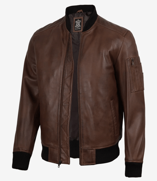 Men's Cognac Brown Leather Flight Jacket - Lambskin Bomber Style