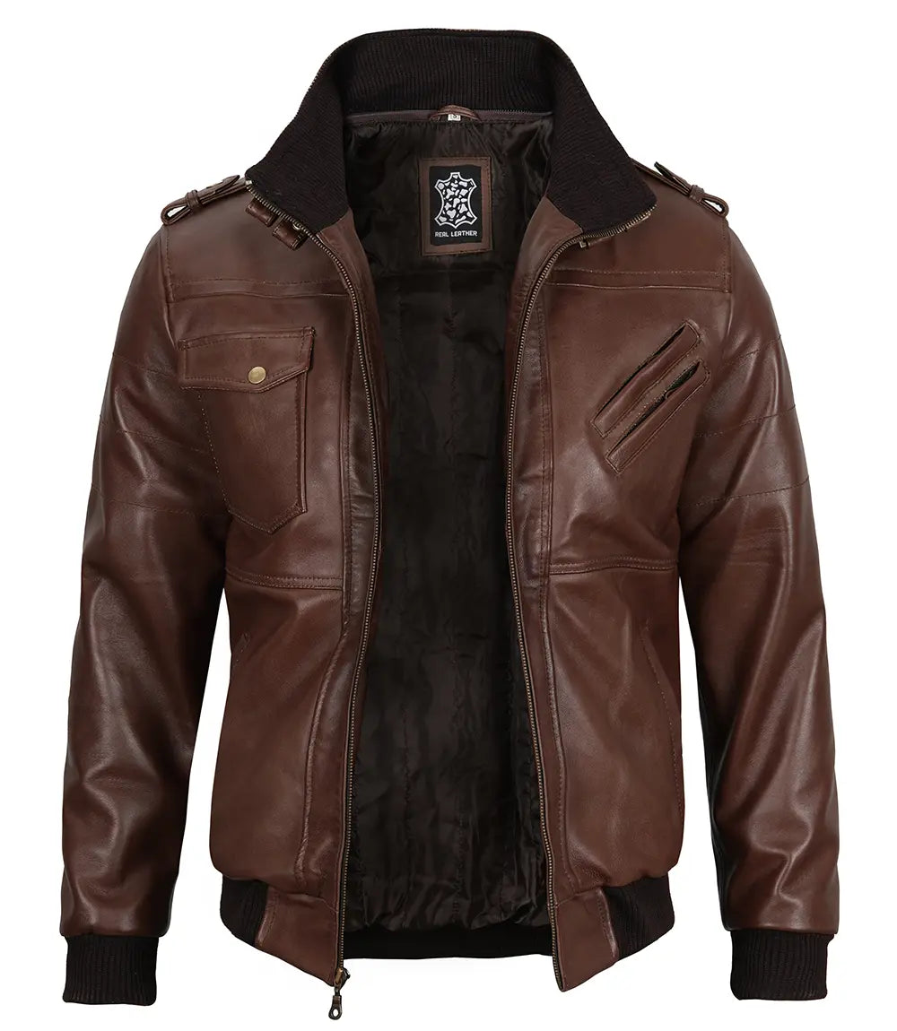 Men's Tall Dark Brown Leather Bomber Jacket With Hood