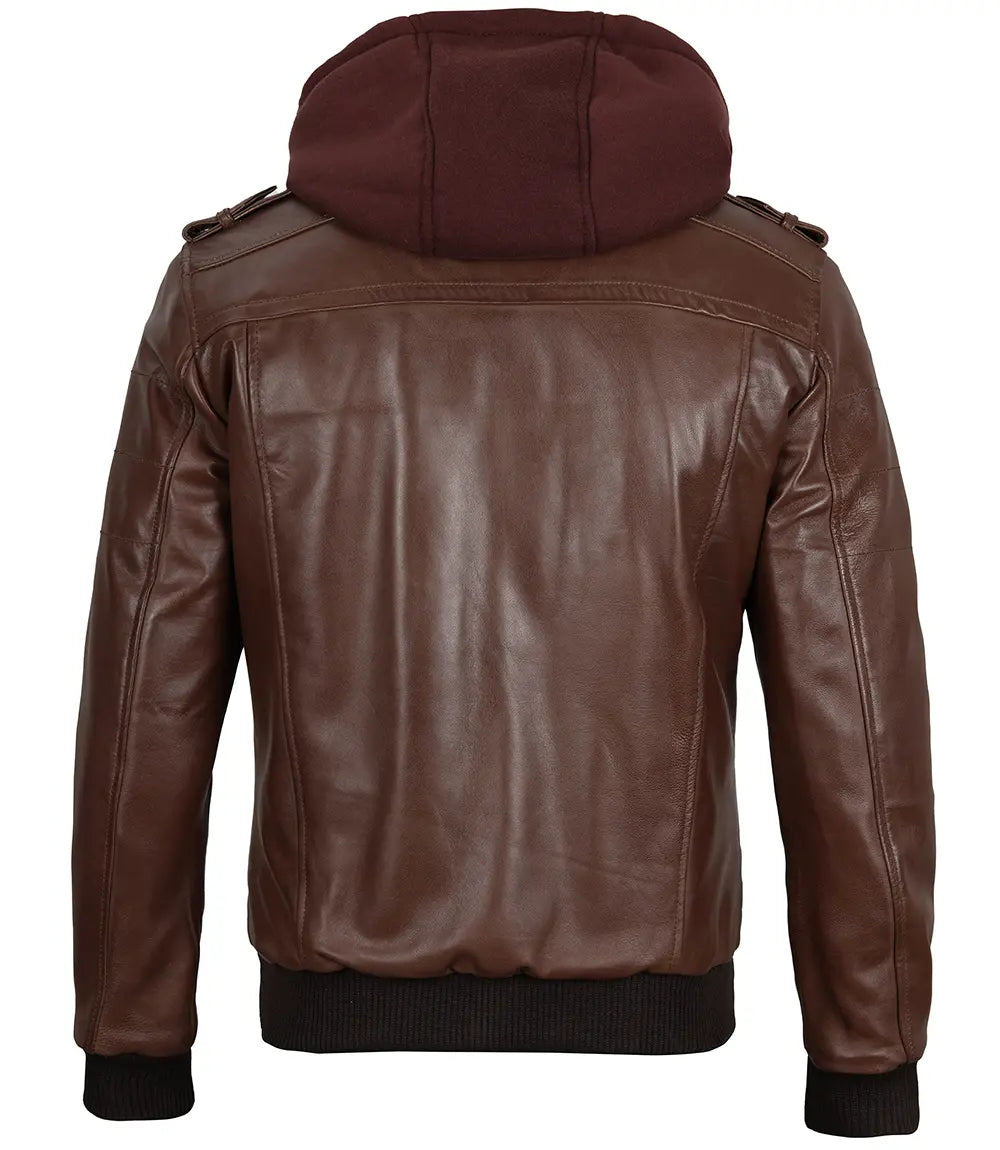 Men's Tall Dark Brown Leather Bomber Jacket With Hood