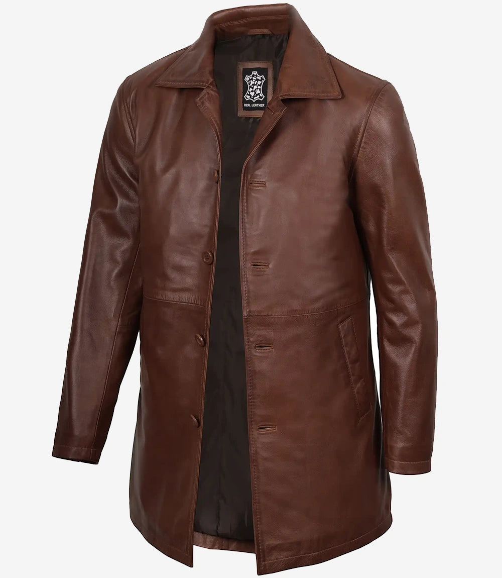 Men's Cognac Wax 3/4 Length Leather Car Coat