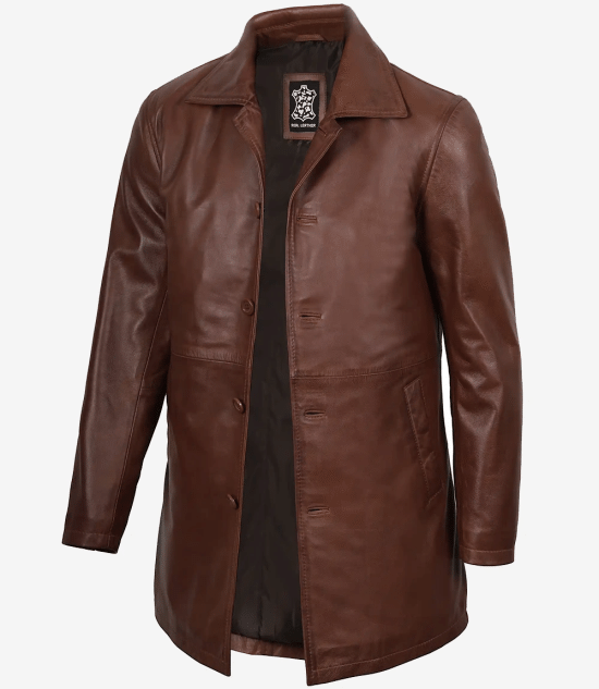 Men's Cognac Wax 3/4 Length Leather Car Coat