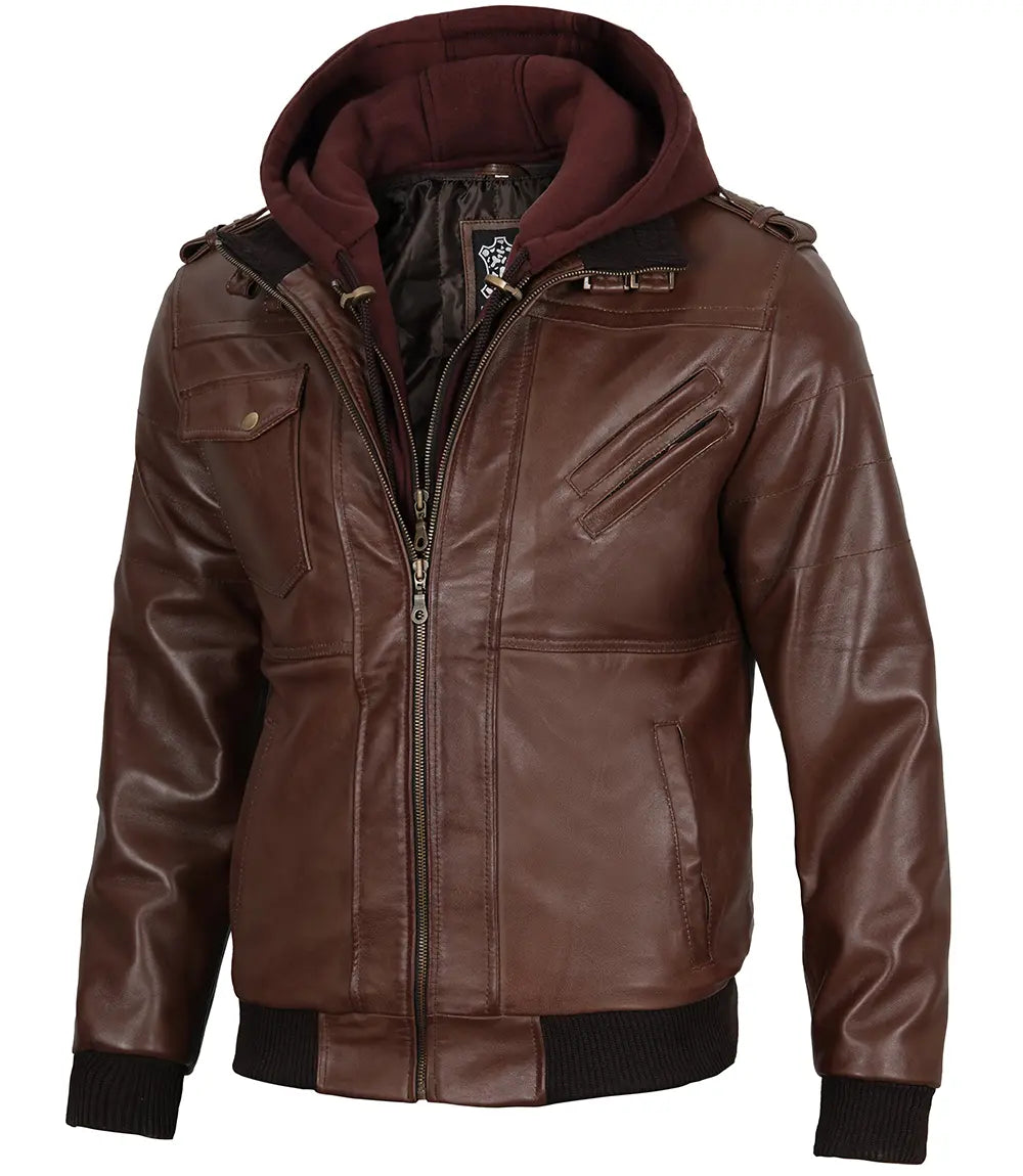 Men's Tall Dark Brown Leather Bomber Jacket With Hood