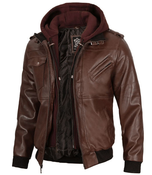 Men's Tall Dark Brown Leather Bomber Jacket With Hood