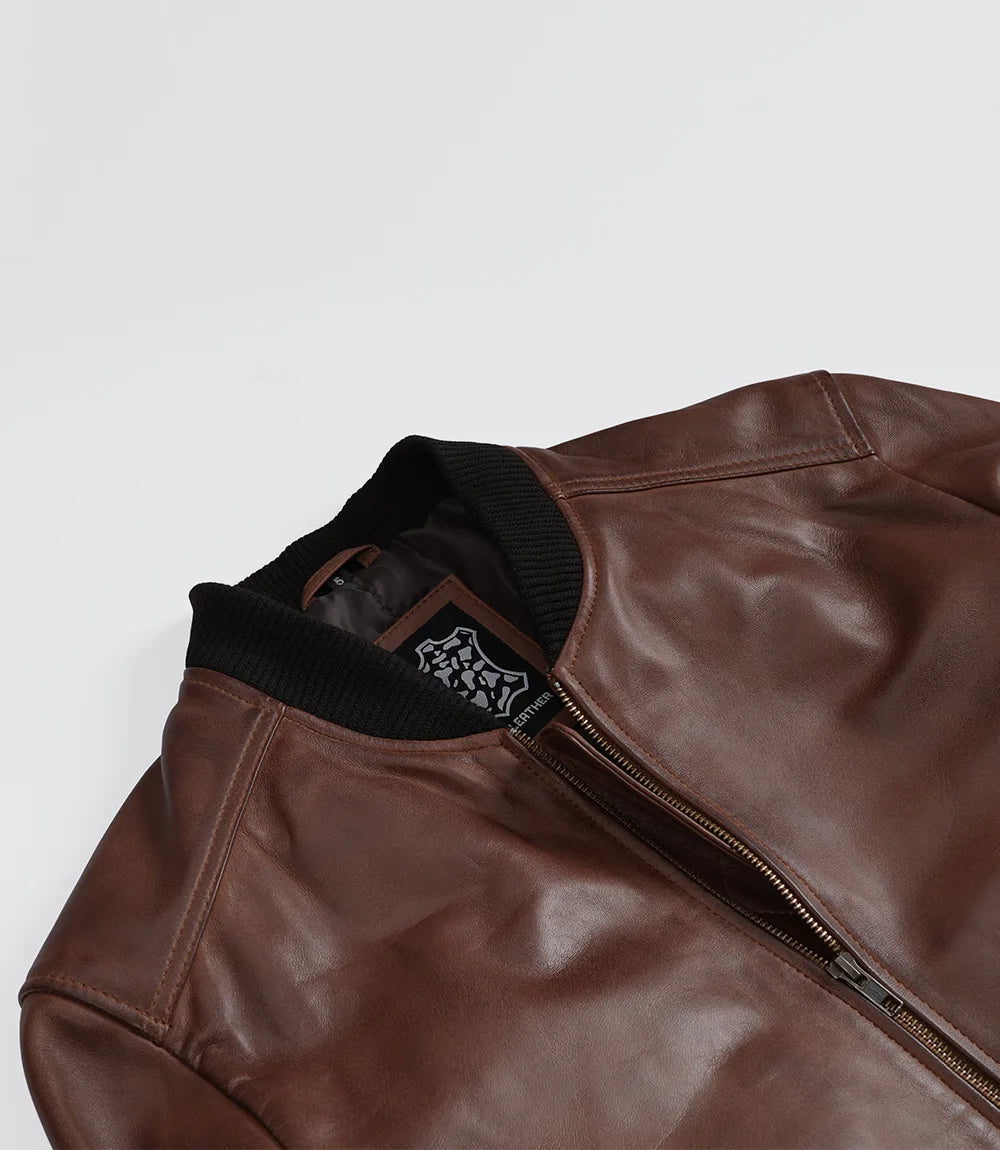 Men's Cognac Brown Leather Flight Jacket - Lambskin Bomber Style