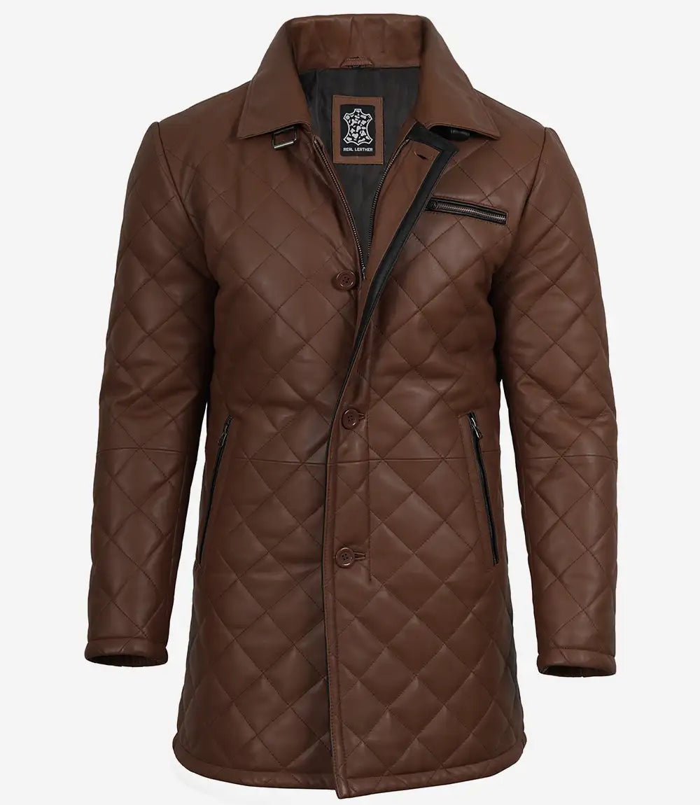 Men's Cognac Brown Diamond Quilted Leather Car Coat